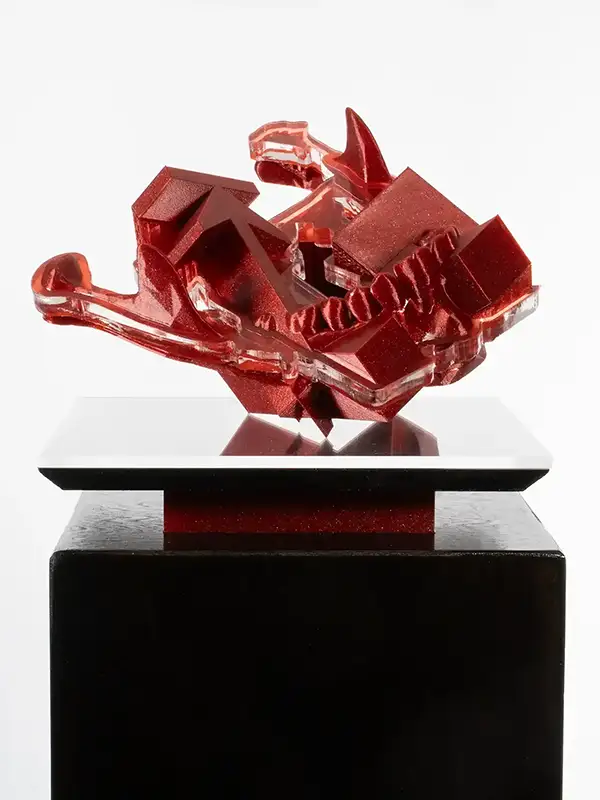 Jaw, 3D-printed red PETG sculpture with acrylic cuts and wood plinth by Daniel Cosentino, 2024